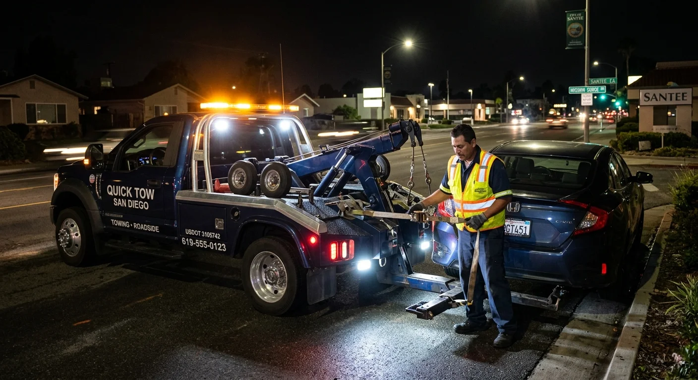 A flatbed tow truck loading a disabled vehicle on a Corpus Christi highway at night, emergency lights flashing.