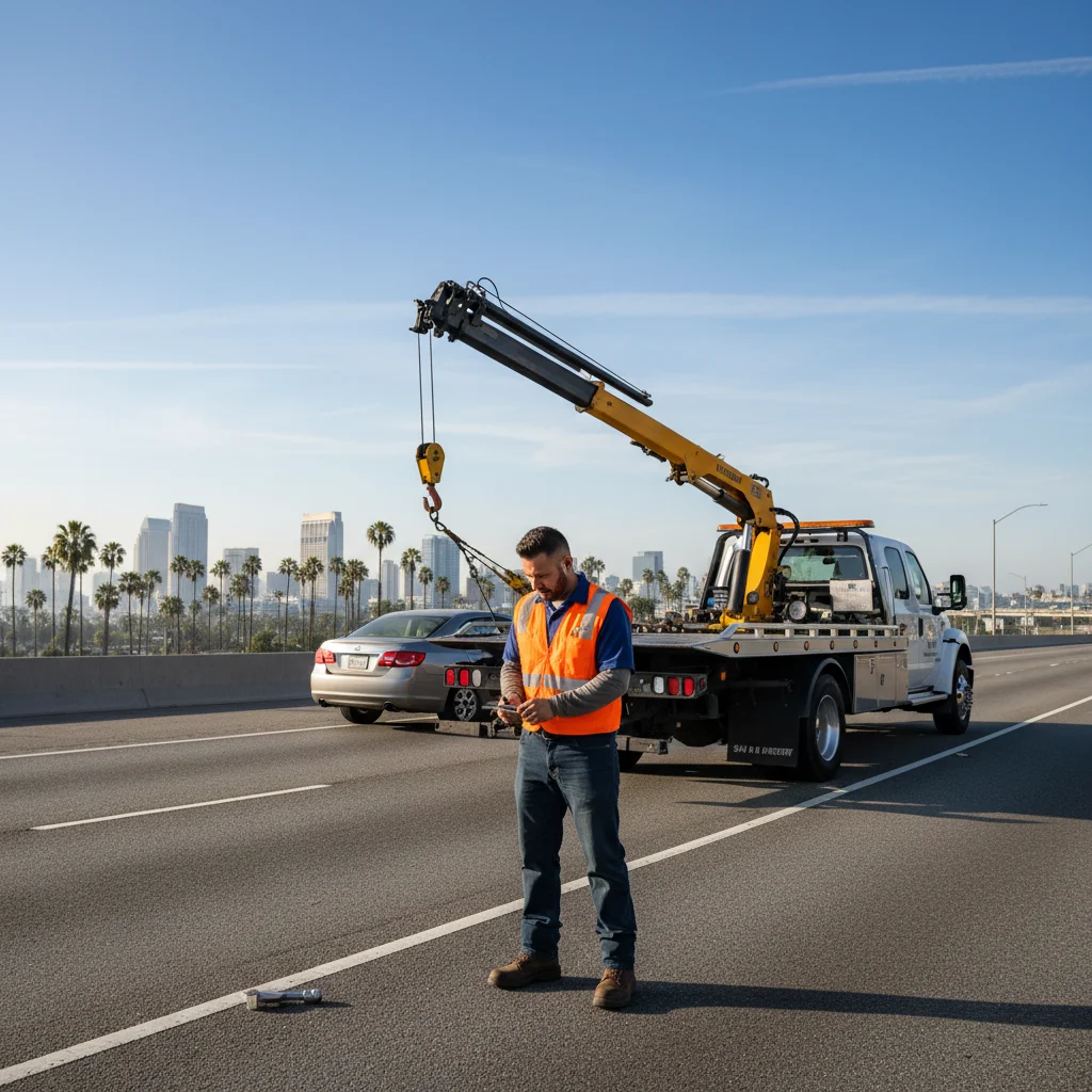 A tow truck on a Corpus Christi road at dusk, ready to help a stranded driver