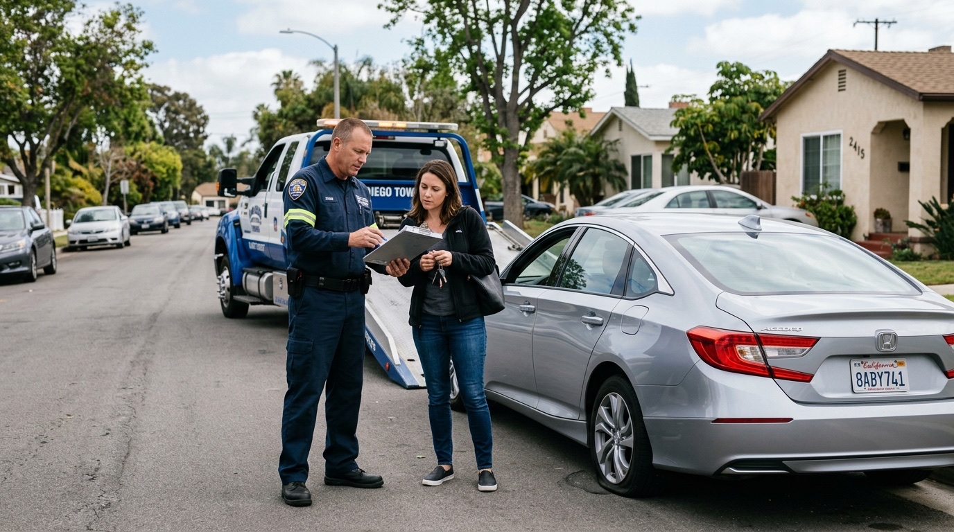 Corpus Christi tow operator and customer discussing service options on a highway shoulder