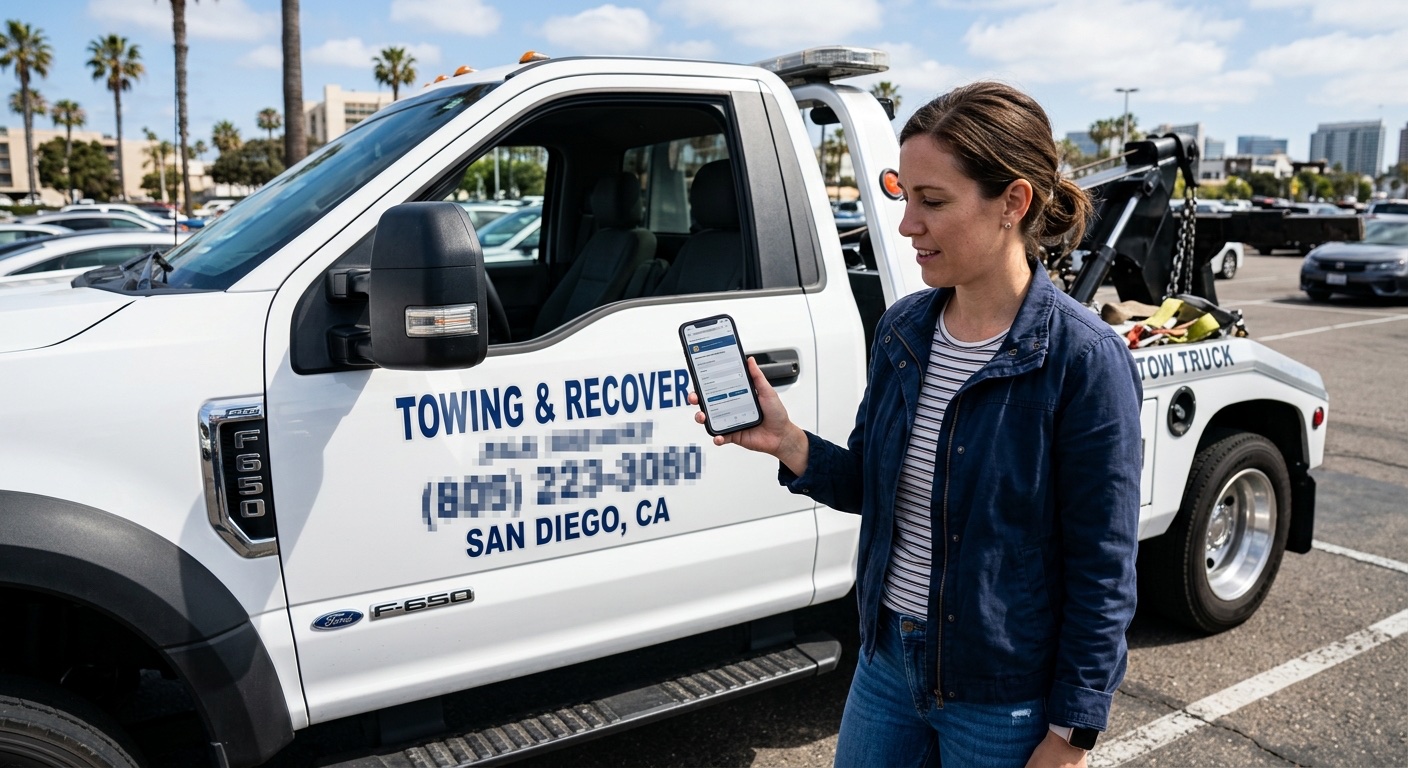 Customer checking a tow operator credentials and TDLR license number on a smartphone in a Corpus Christi parking lot