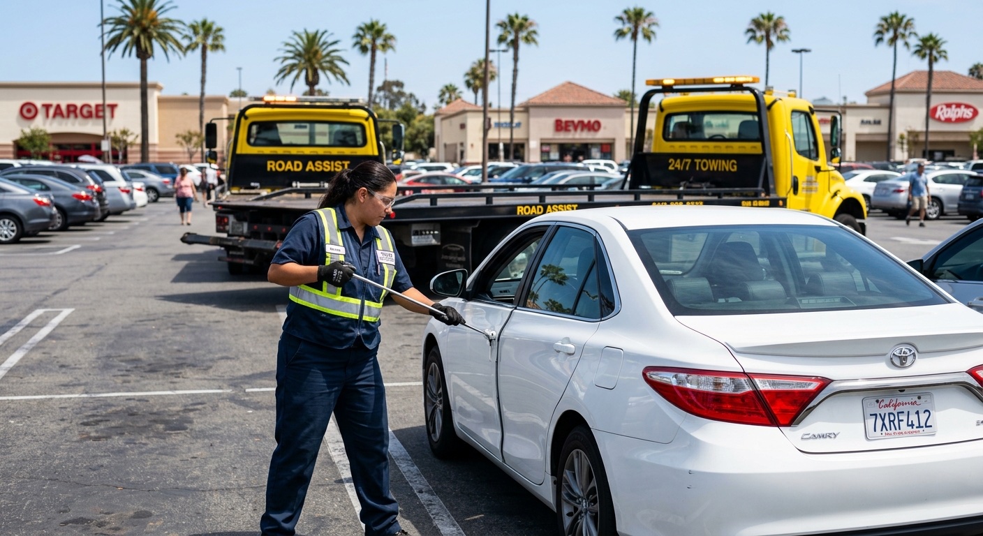 Quick Tow Corpus Christi technician using a long-reach lockout tool to unlock a sedan in a Corpus Christi shopping center parking lot
