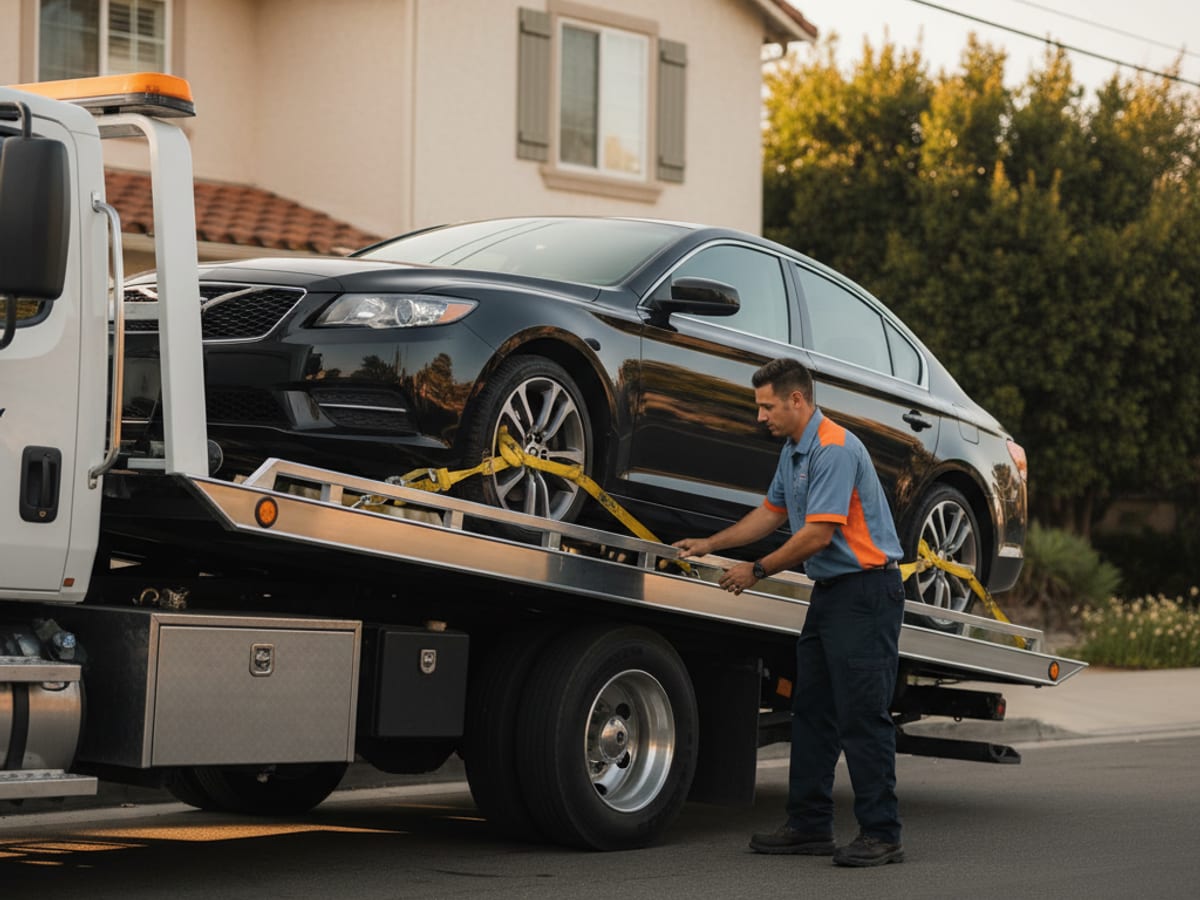 Quick Tow Corpus Christi rollback flatbed loading a Tesla with soft straps on a Corpus Christi residential street