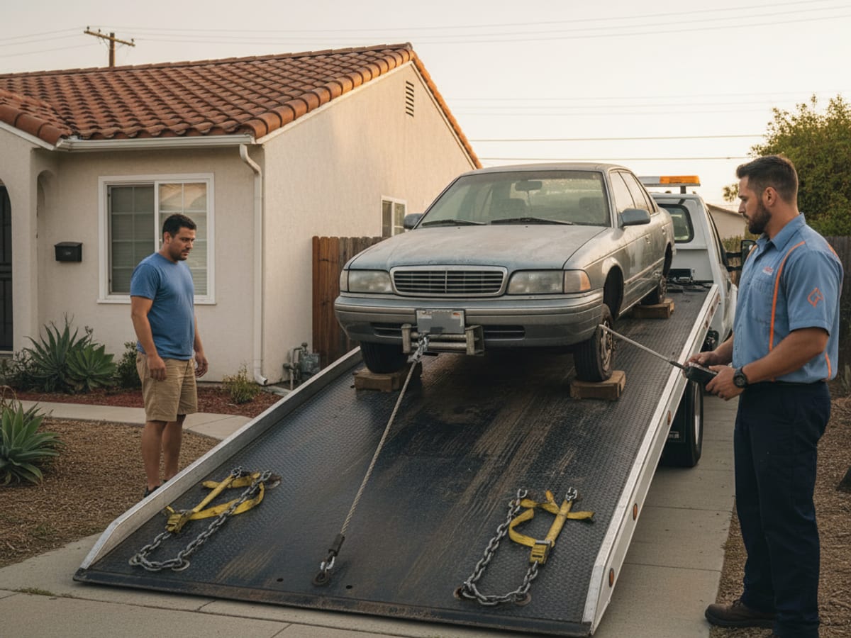 Quick Tow Corpus Christi flatbed loading a non-running sedan from a Corpus Christi residential side yard