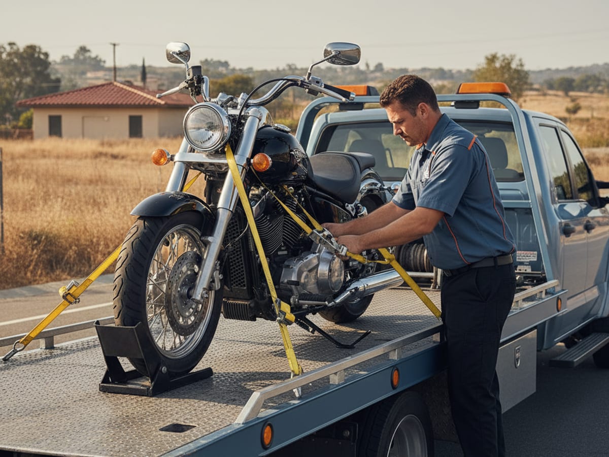 Quick Tow Corpus Christi driver securing a Harley-Davidson cruiser on a low-deck flatbed with soft straps