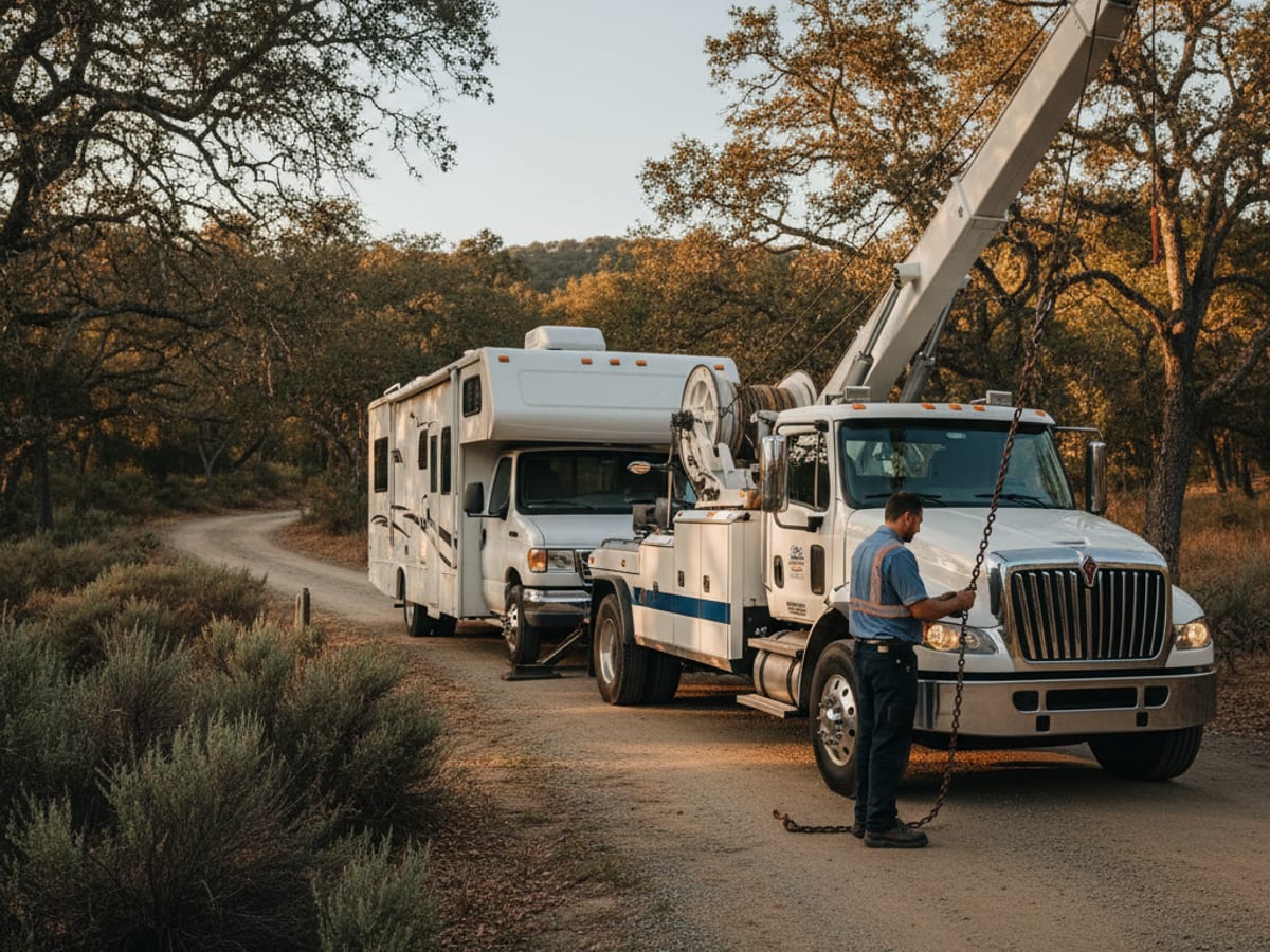 Quick Tow Corpus Christi heavy wrecker towing a Class C RV from a Coastal Bend campground